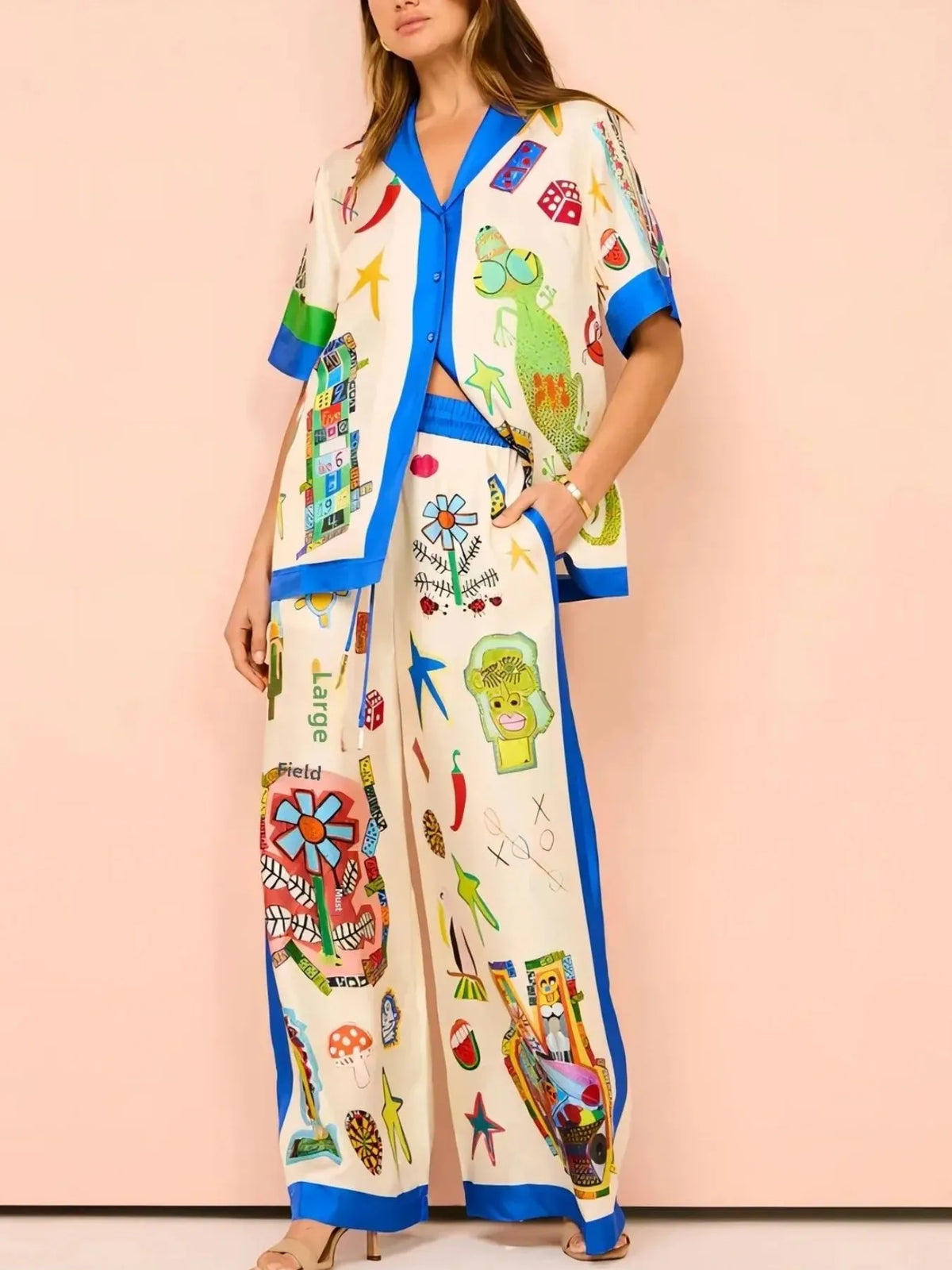 Printed Button Up Shirt and Pants Set
