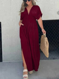 Full Size Slit V-Neck Smocked Waist Maxi Dress Plus Size 100100000480005 59 Gifts for Her Jerry's Apparel 