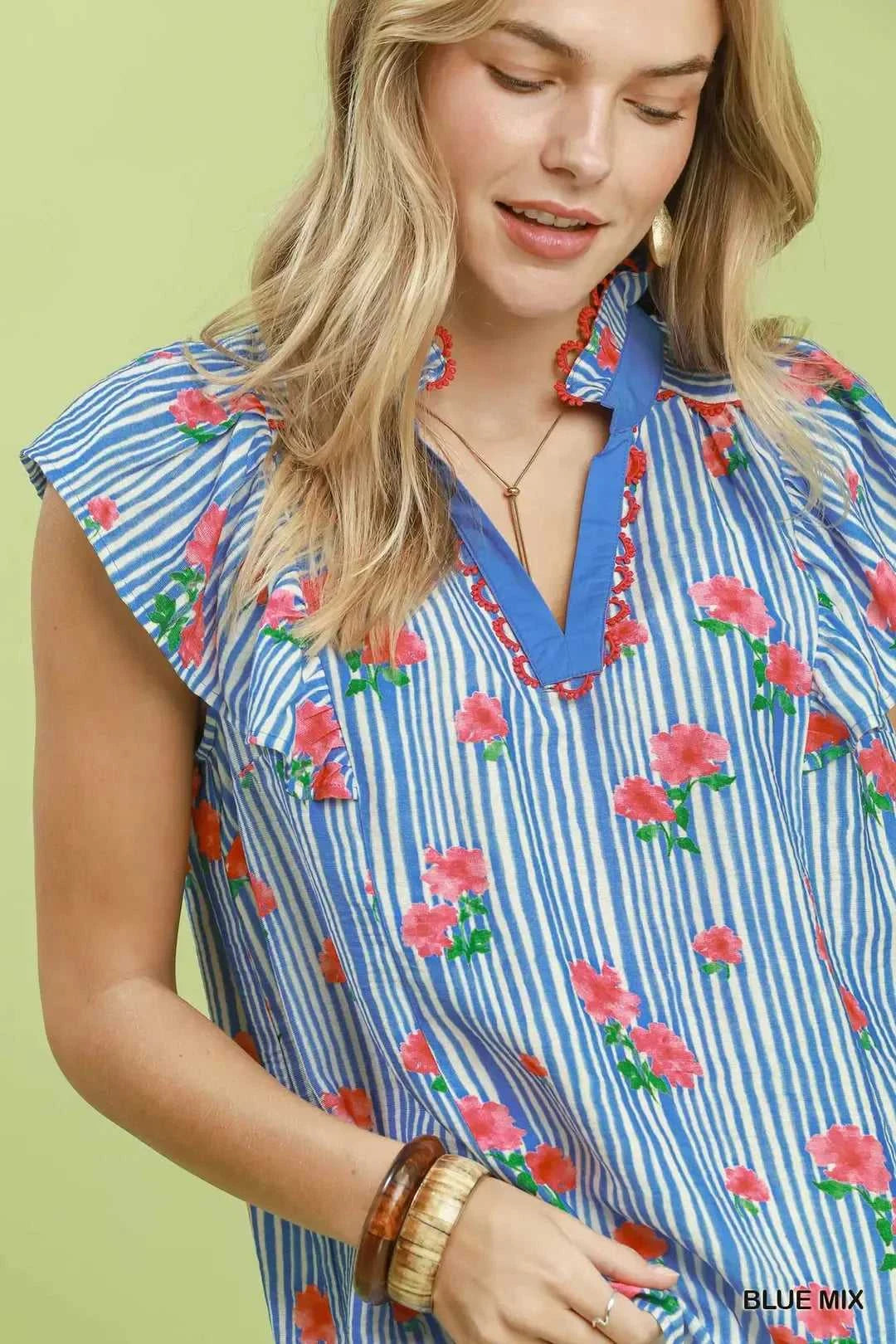 Umgee Striped Floral Ruffle Sleeve Top with Contrast Trim 100100655091894 51 Affordable Fashion Under $100 Jerry's Apparel 