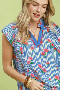 Umgee Striped Floral Ruffle Sleeve Top with Contrast Trim 100100655091894 51 Affordable Fashion Under $100 Jerry's Apparel 