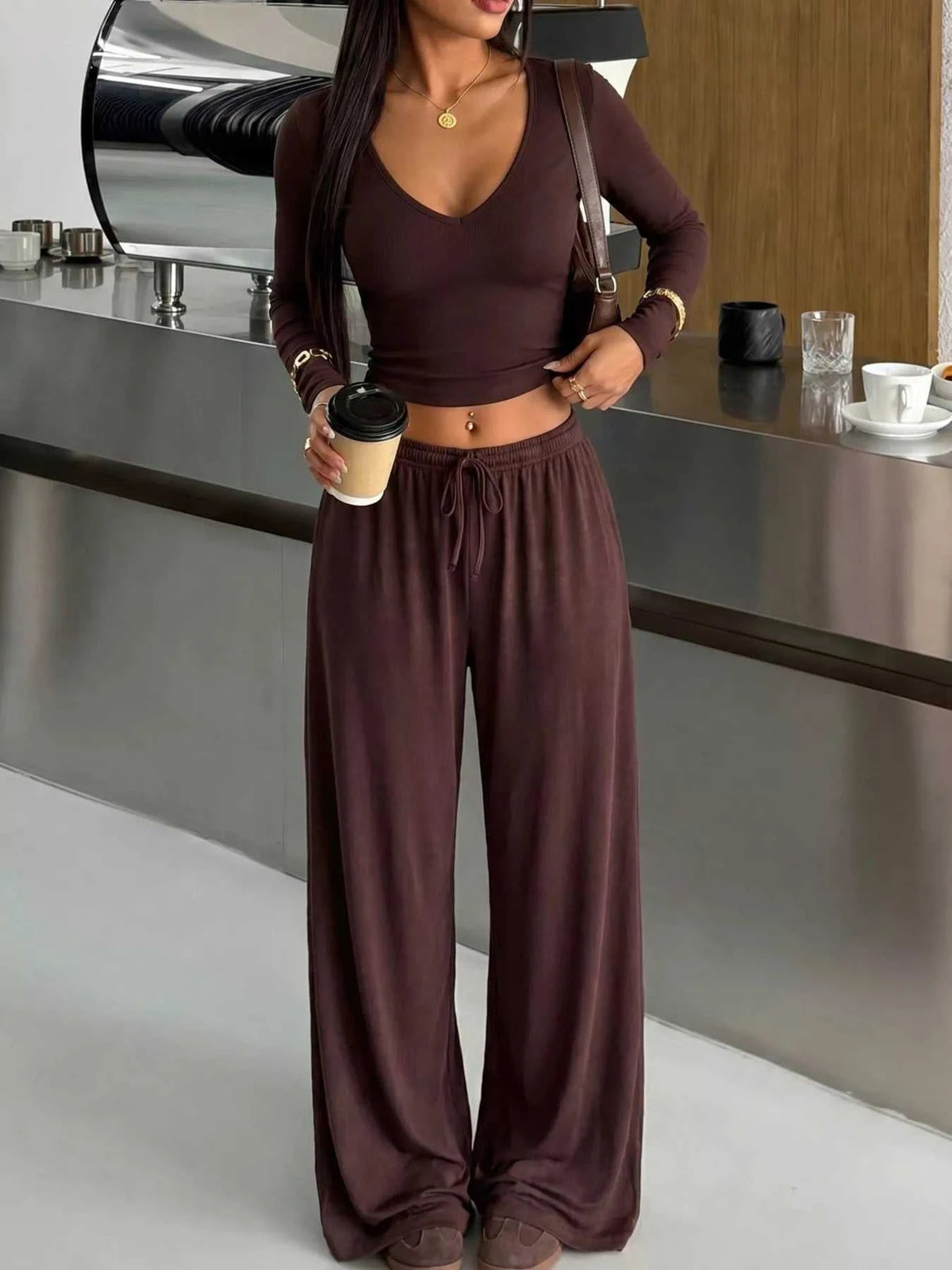 V-Neck Long Sleeve Top and Wide-Leg Pants Set 100100743946757 36 Affordable Fashion Under $100 Jerry's Apparel 