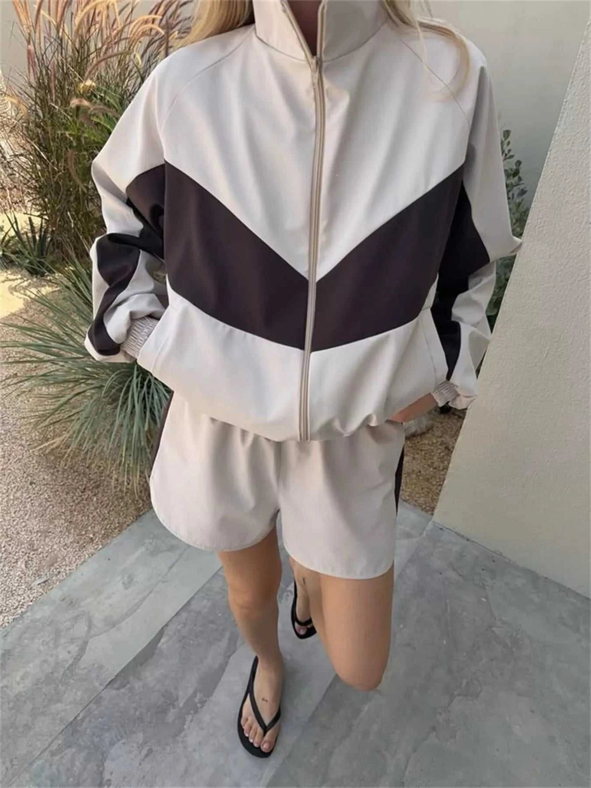 Color Block Zip Up Outerwear and Shorts Set 100100080069913 58 Affordable Fashion Under $100 Jerry's Apparel 