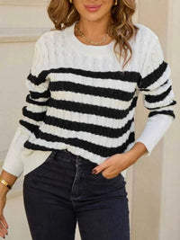 Striped Cable Knit Round Neck Sweater 100100499943508 42 Affordable Fashion Under $100 Jerry's Apparel 