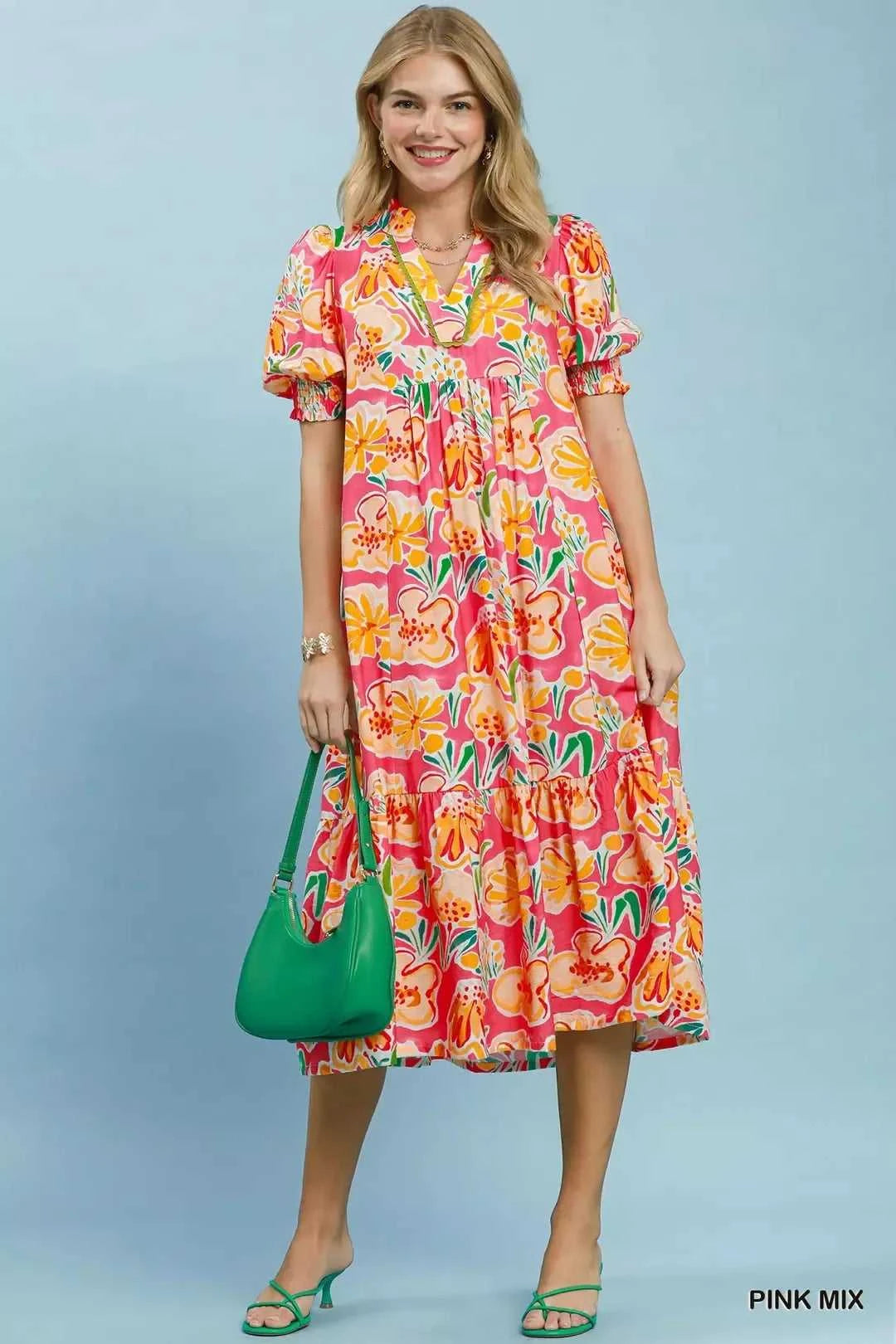 Umgee Floral Print Puff Sleeve Tiered Midi Dress 100100170091509 64 Affordable Fashion Under $100 Jerry's Apparel 