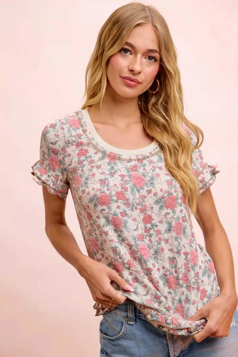 BiBi Rose Printed Slub Knit Ruffled Sleeves Top 100100307291292 38 Affordable Fashion Under $100 Jerry's Apparel 