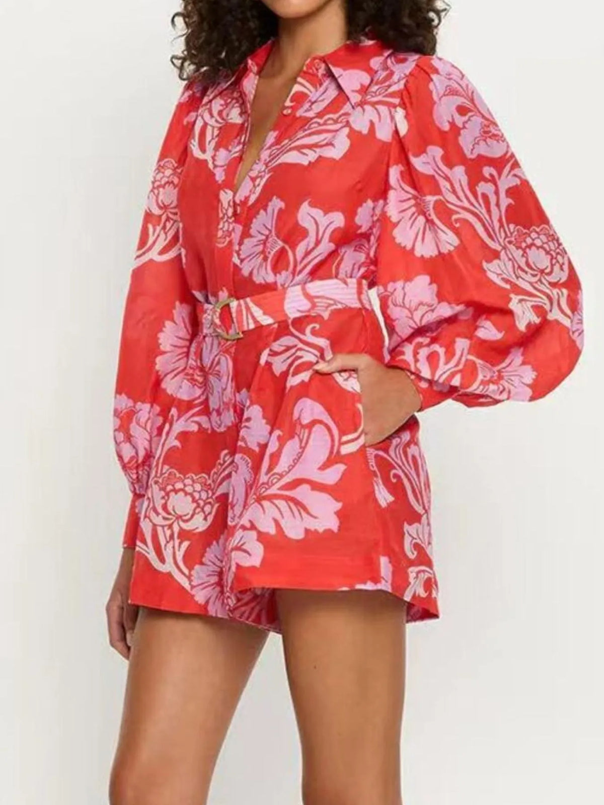 Printed Long Sleeve Belted Romper