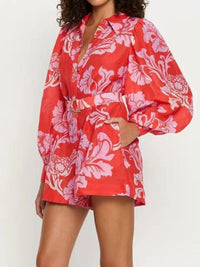 Printed Long Sleeve Belted Romper