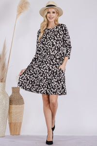 Full Size Leopard Three-Quarter Sleeve Dress with Pockets