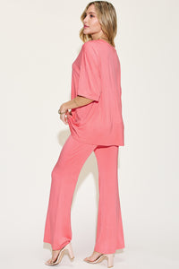 Full Size Bamboo Drop Shoulder T-Shirt and Flare Pants Set