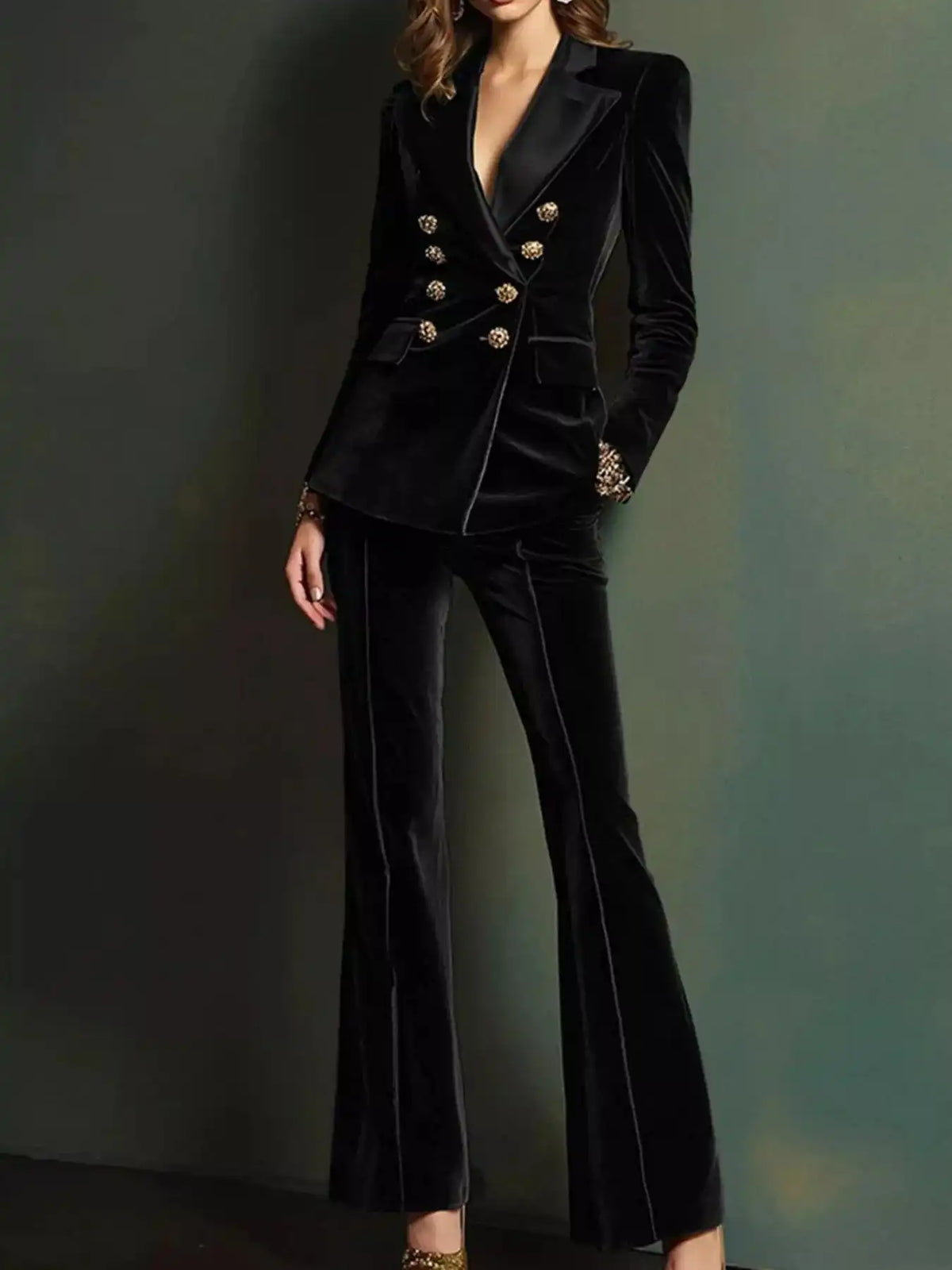 Velvet Double-Breasted Blazer and Flare Pant Set 101001325286323 92 Affordable Fashion Under $100 Jerry's Apparel 