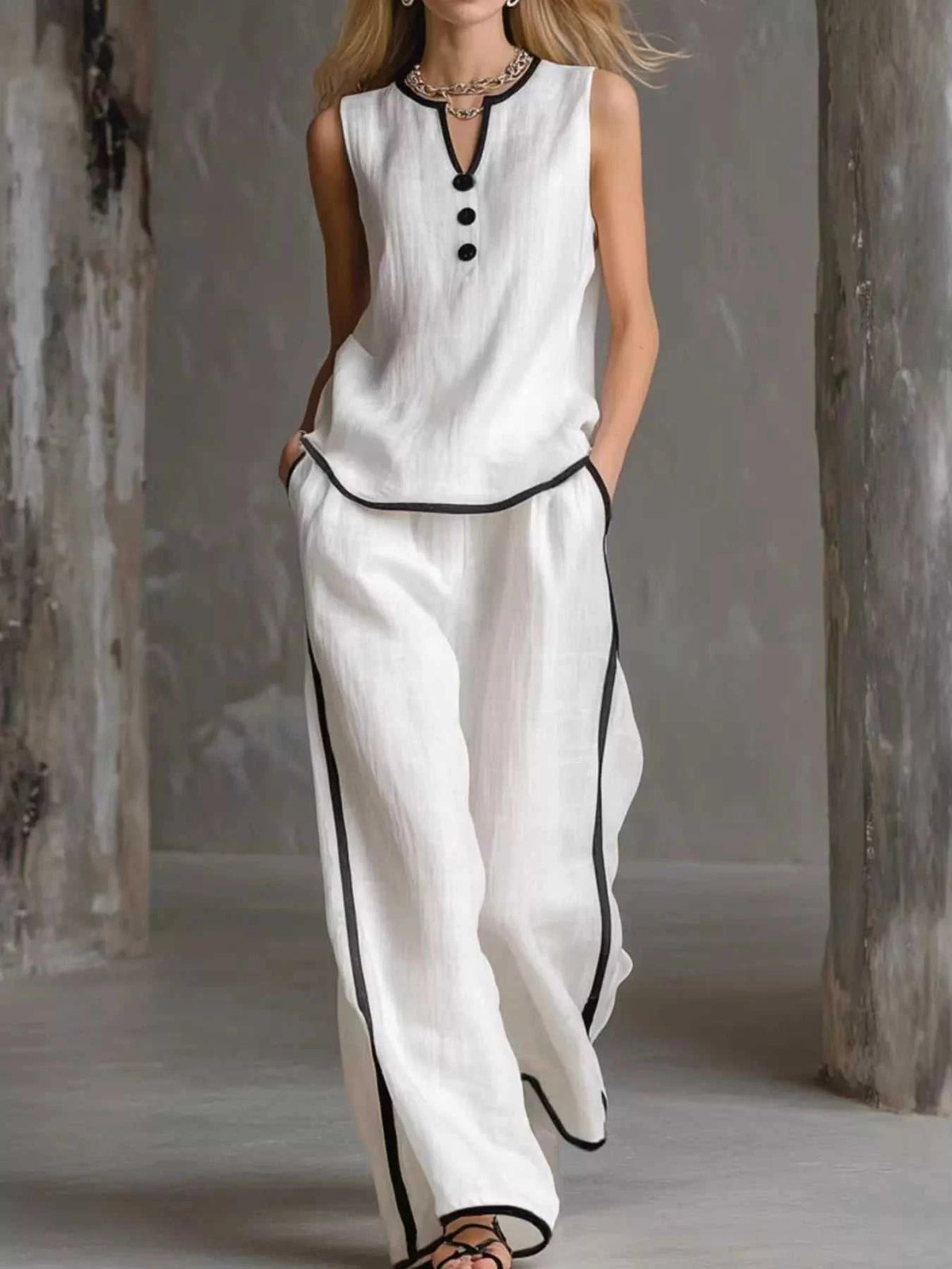 Full Size Contrast Trim Sleeveless Top and Pants Set Plus Size 101001507426114 43 Jerry's Apparel 