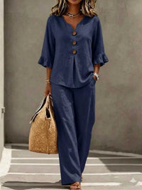 Full Size Decor Button Ruffled Top and Wide-Leg Pants Set Plus Size 100100119714864 38 Affordable Fashion Under $100 Jerry's Apparel 