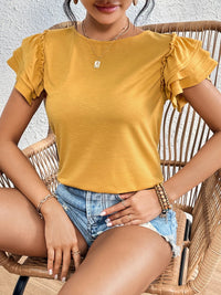 Ruffle Sleeve Round Neck T-Shirt