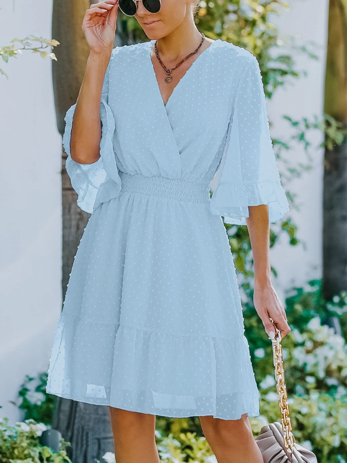 Swiss Dot Flare Sleeve Wrap Mini Dress