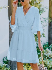 Swiss Dot Flare Sleeve Wrap Mini Dress