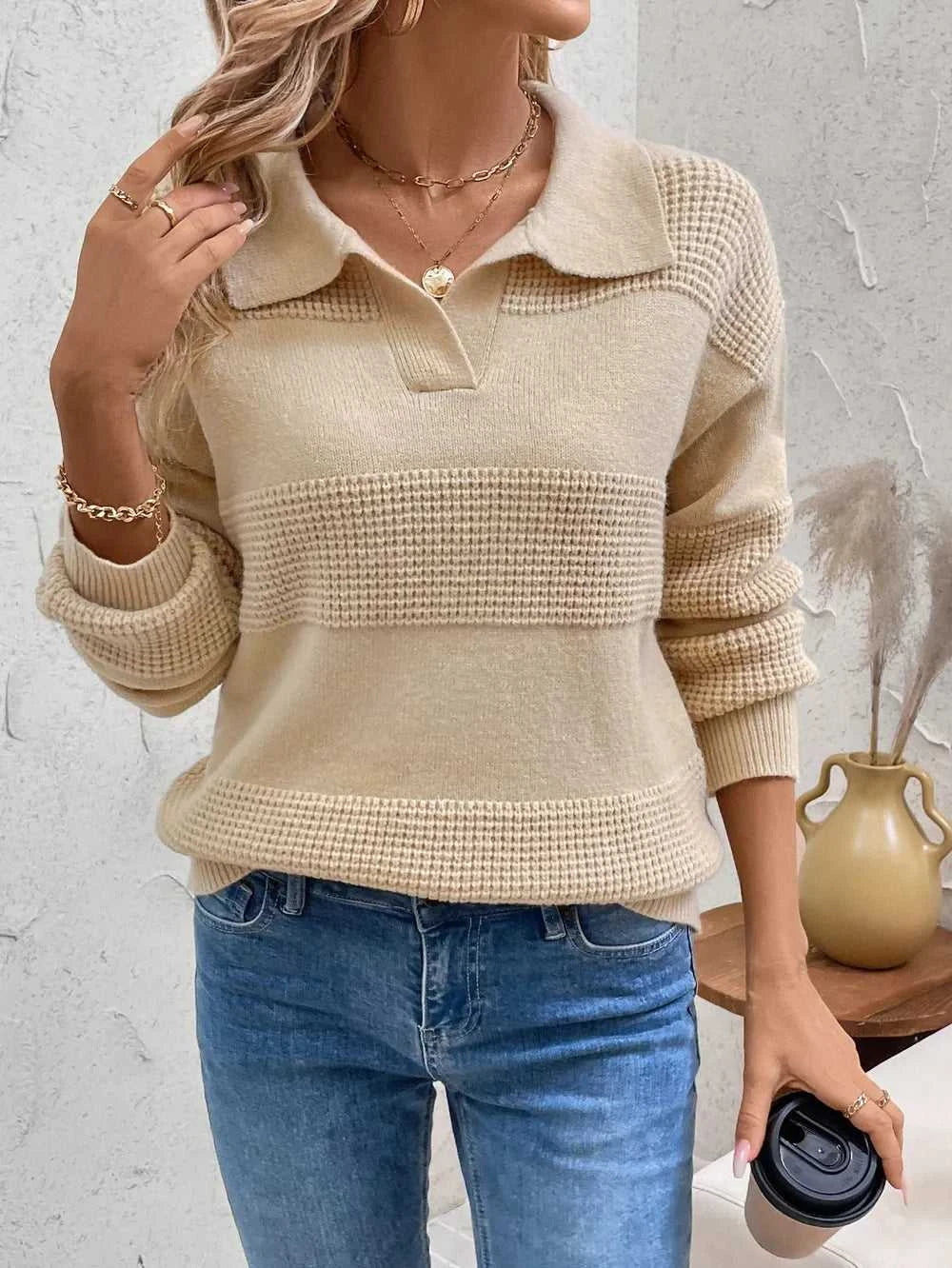 Perfee Johnny Collar Dropped Shoulder Sweater 100100639711766 42 Women's Sweaters and Knitwear Jerry's Apparel 