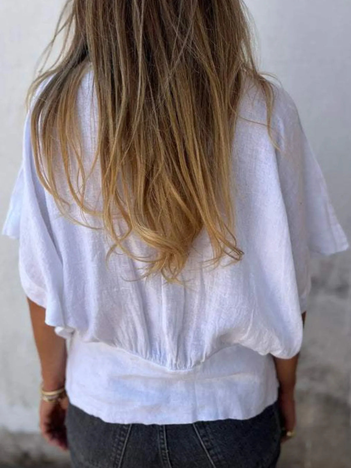 Full Size Smocked Hem V-Neck Relaxed Fit T-Shirt Plus Size