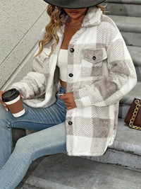 Plaid Dropped Shoulder Long Sleeve Plush Coat