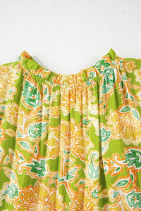 Multicolour Printed Contrast Bubble Sleeve Patchwork Blouse