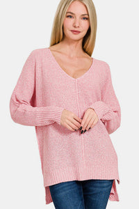 Zenana High-Low Center Seam V-Neck Sweater