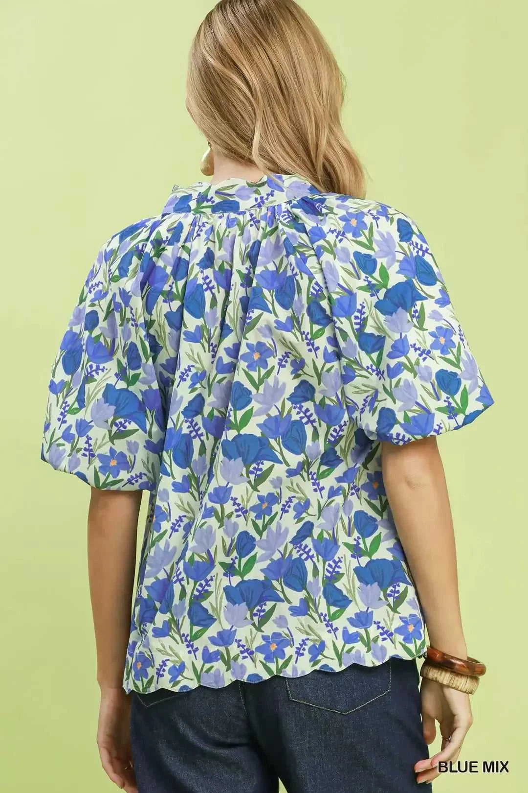 Umgee Floral Puff Sleeve Blouse with Scalloped Details 100100467791063 53 Affordable Fashion Under $100 Jerry's Apparel 