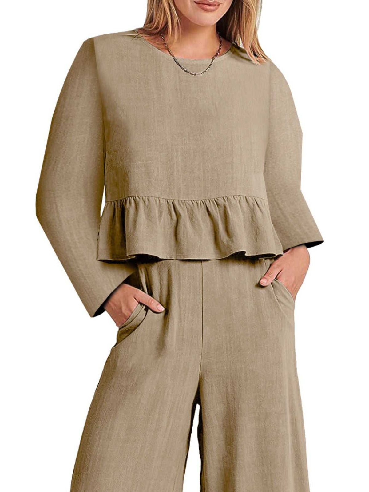 Full Size Ruffled Hem Long Sleeve Top and Pants Set Plus Size 100100344916700 44 Affordable Fashion Under $100 Jerry's Apparel 