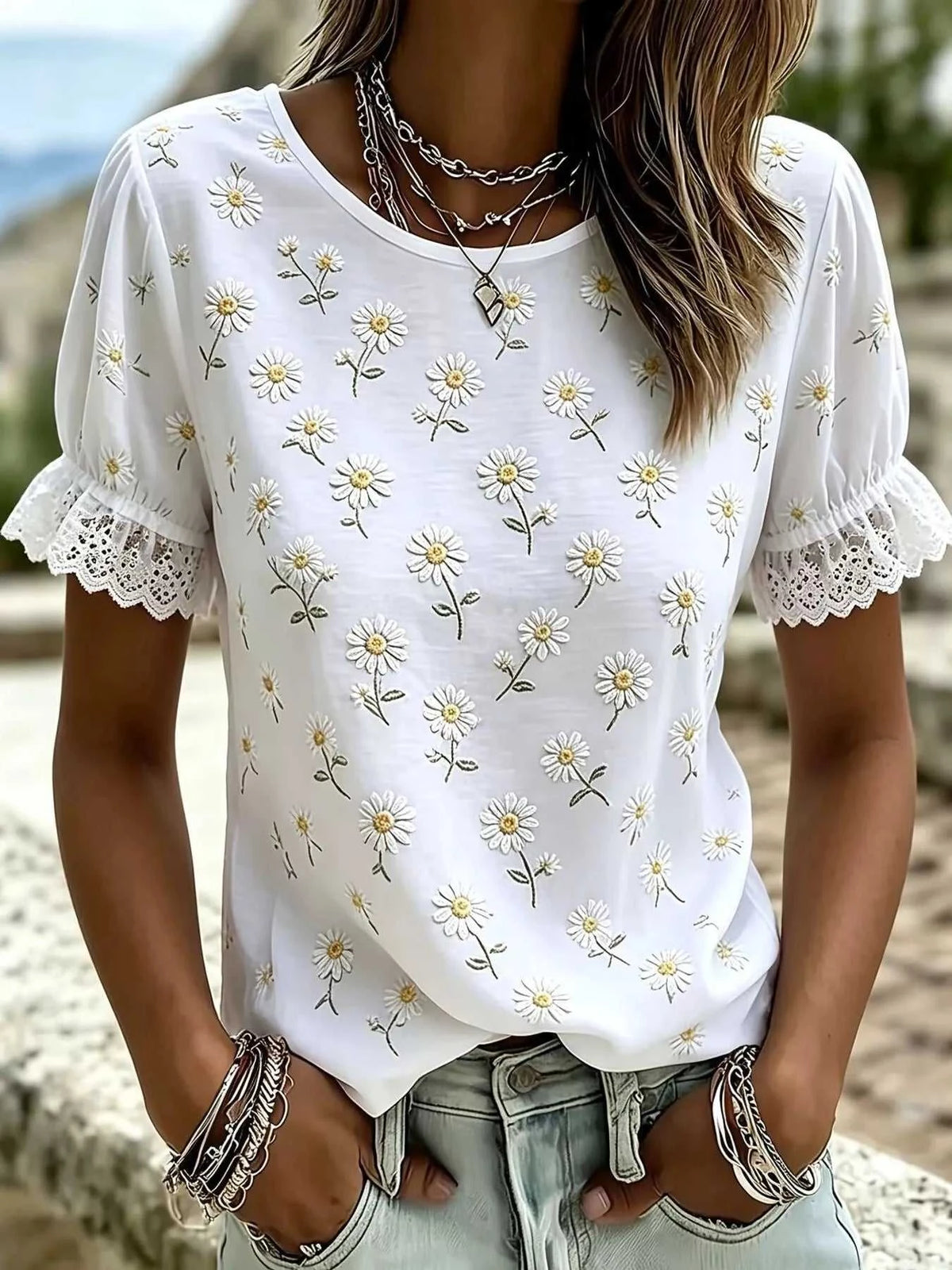 Plus Size Daisy Lace Detail Puff Sleeve T-Shirt 100100161881120 26 Affordable Fashion Under $100 Jerry's Apparel 