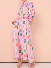 Printed Button Front Long Sleeve Shirt Dress
