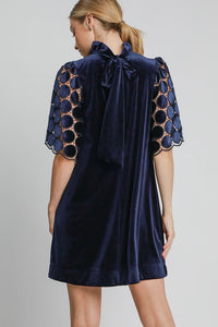 Umgee Dotted Lace Half Sleeve Mock Neck Back Tie Velvet Dress