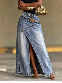High-Waisted Asymmetric Slit Denim Maxi Skirt 101003372573383 49 Affordable Fashion Under $100 Jerry's Apparel 