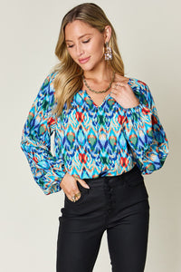 Full Size Printed Balloon Sleeve Blouse