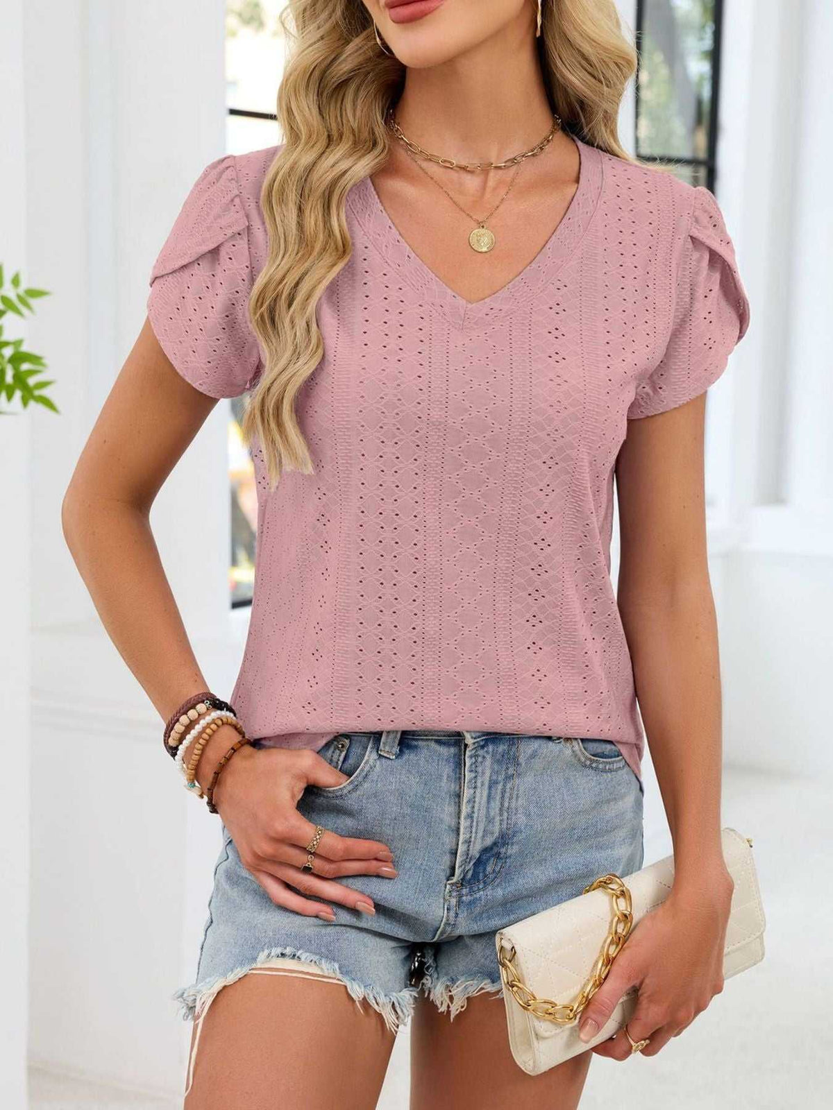 Eyelet Petal Sleeve V-Neck T-Shirt 100100180821182 24 Affordable Fashion Under $100 Jerry's Apparel 
