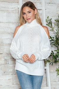 Cable-Knit Turtleneck Cold Shoulder Sweater