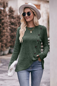 Double Take Ribbed Round Neck Buttoned Long Sleeve Tee