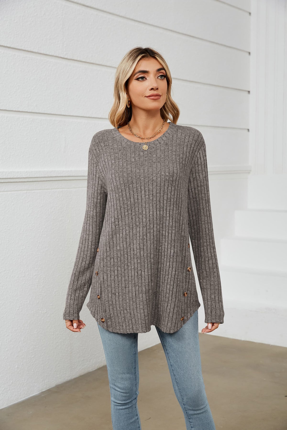 Round Neck Ribbed Long Sleeve T-Shirt