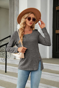 Square Neck Long Sleeve Slit T-Shirt