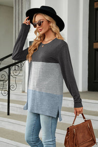 Color Block Round Neck Long Sleeve Slit T-Shirt