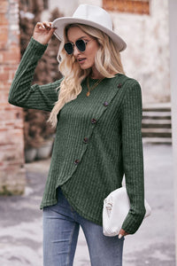 Double Take Ribbed Round Neck Buttoned Long Sleeve Tee