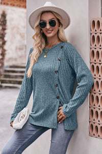 Double Take Ribbed Round Neck Buttoned Tee