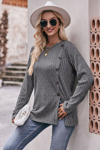 Double Take Ribbed Round Neck Buttoned Tee