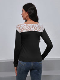 Lace Trim Long Sleeve Round Neck Tee