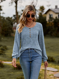 Round Neck Button-Down Long Sleeve Tee