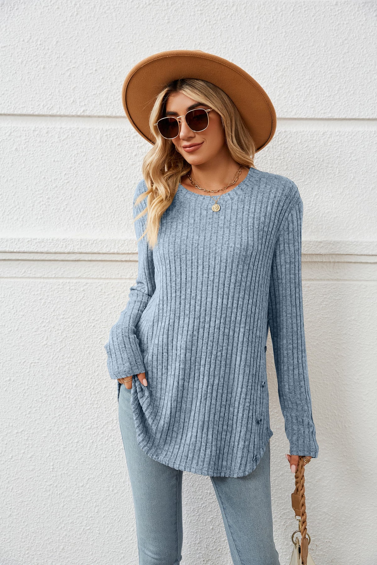 Round Neck Ribbed Long Sleeve T-Shirt