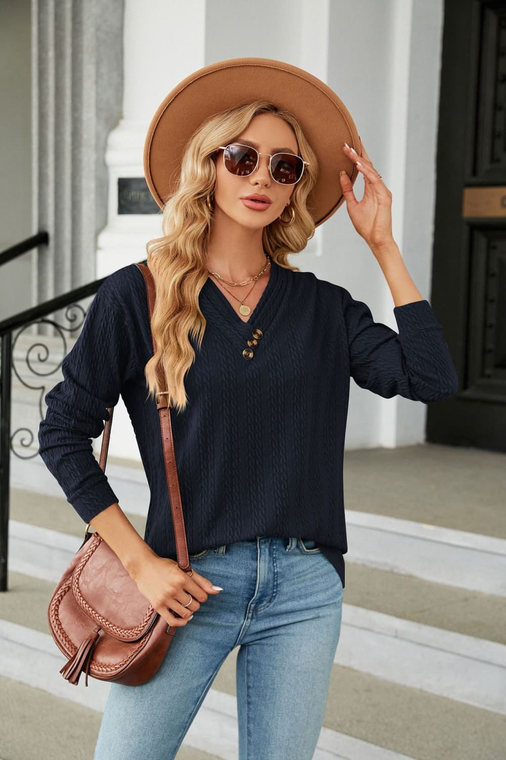 Decorative Button V-Neck Long Sleeve T-Shirt