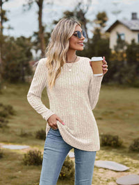 Ribbed Round Neck Long Sleeve Tee