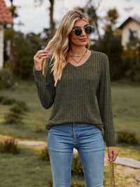 Ribbed V-Neck Long Sleeve Tee