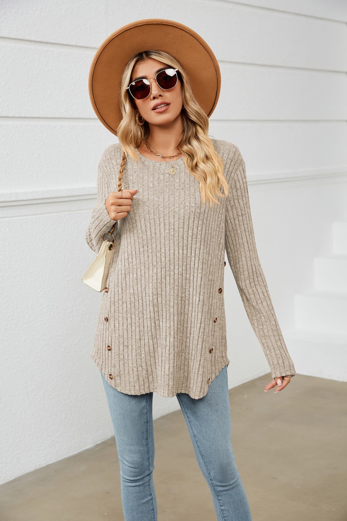 Round Neck Ribbed Long Sleeve T-Shirt