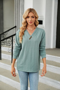 Decorative Button V-Neck Long Sleeve T-Shirt