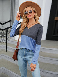 V-Neck Long Sleeve Two-Tone T-Shirt