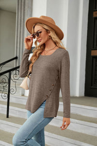 Square Neck Long Sleeve Slit T-Shirt